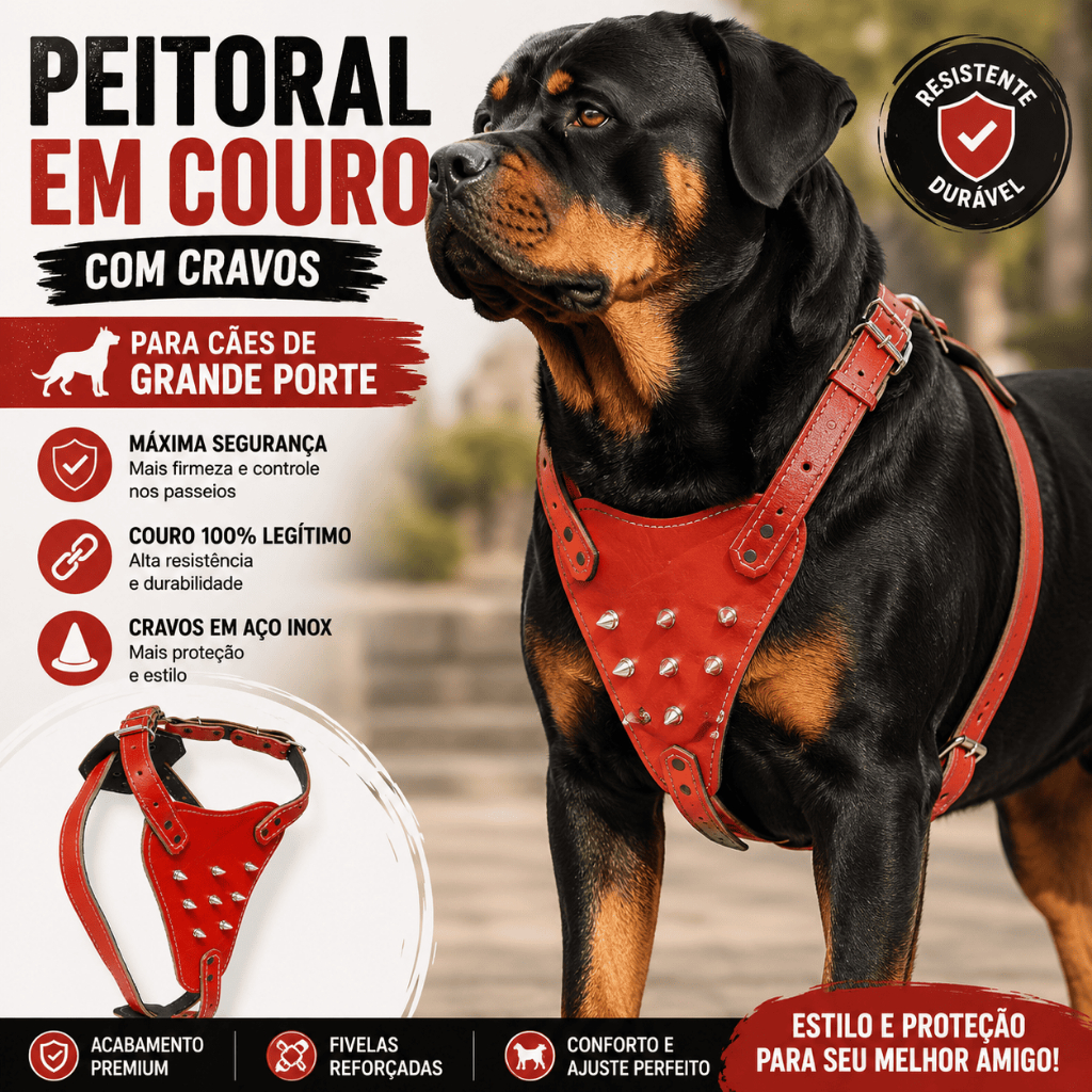 Peitoral de Couro para Cachorro Grande com Cravos em Inox Reforçado Ajustável