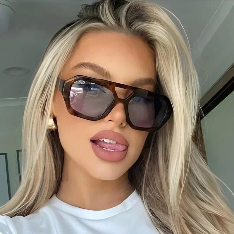 Retro Pontes Duplas Óculos De Sol Femininos Big Frame Leopard Brown Gradient Eyewear Fashion Luxury Designer Masculinos