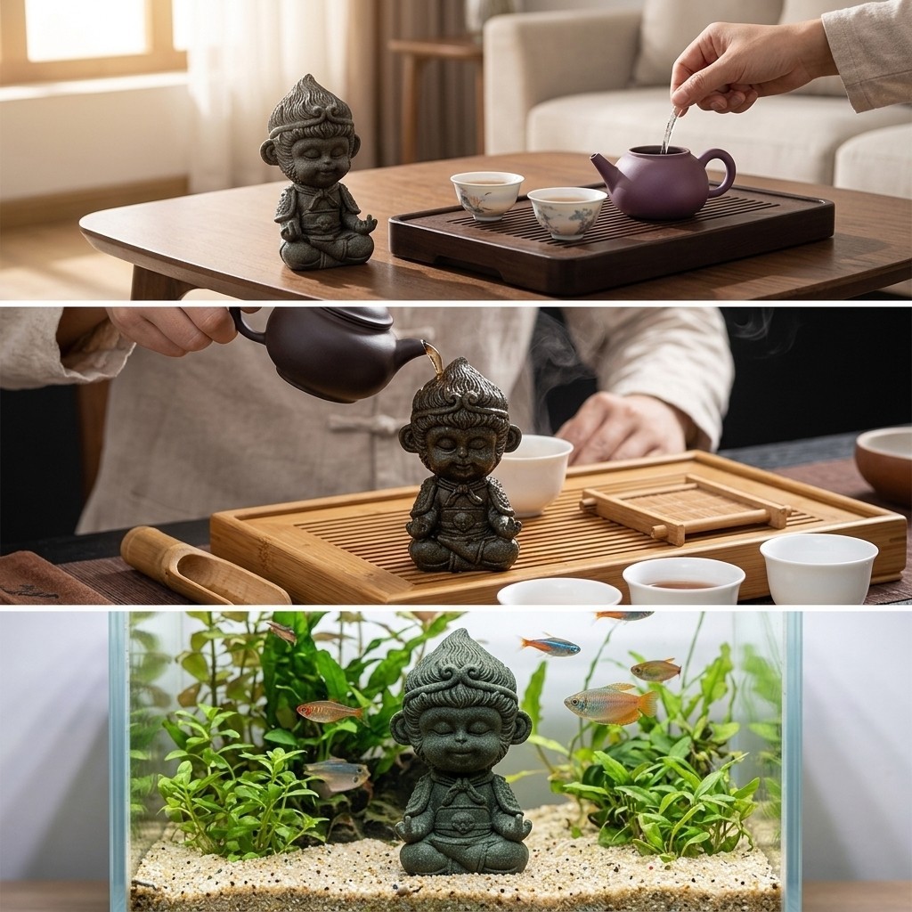 Sun-Wukong Tea Pet Ornament Estatueta De Arenito Verde Natural Para Mesas De Chá Tanques De Peixes E Decoração De Casa E