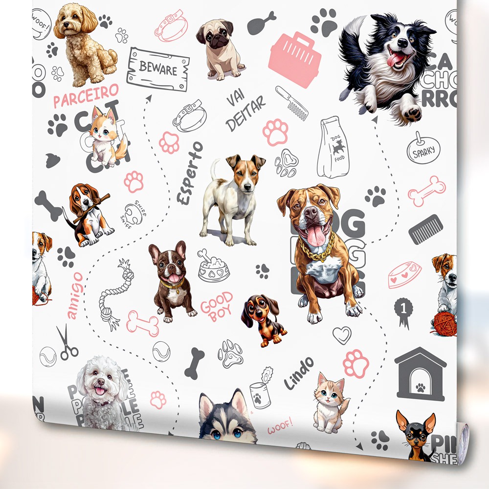 Papel de Parede Adesivo PetShop Animais Cachorro Gato Decoração Veterinaria dog Vinilico Lavável