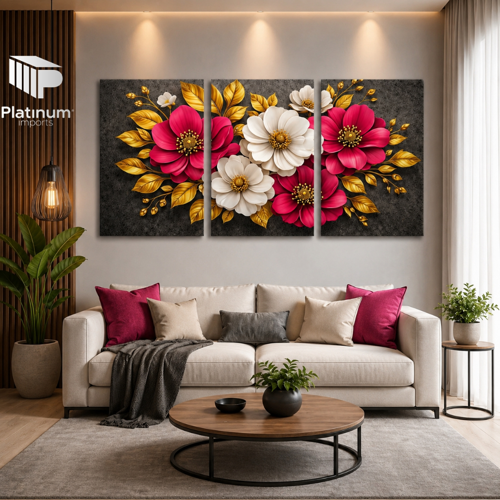 Kit 3 Quadros Decorativos Flores Rosa Branca Dourada Luxo MDF Alta Definição Sala Quarto Escritório Decoração Moderna