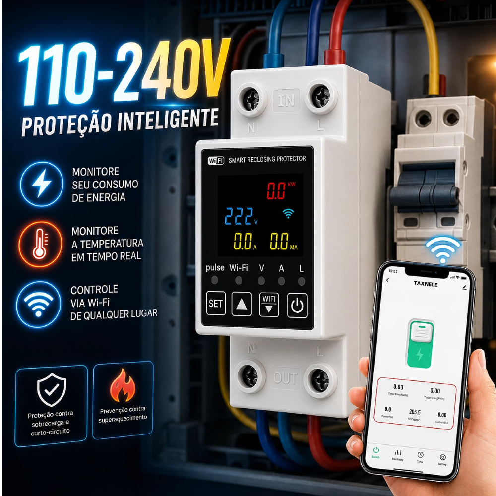 Disjuntor Wifi 1-63A Compatível Alexa Google Monitor Energia, Tensão e  Temperatura 1P Bivolt 110-240V