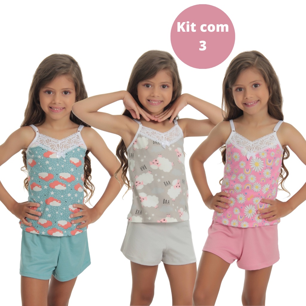 kit 3 Pijama Infantil Curto Baby Doll Estampado Short suede Doll Alcinha ajustável