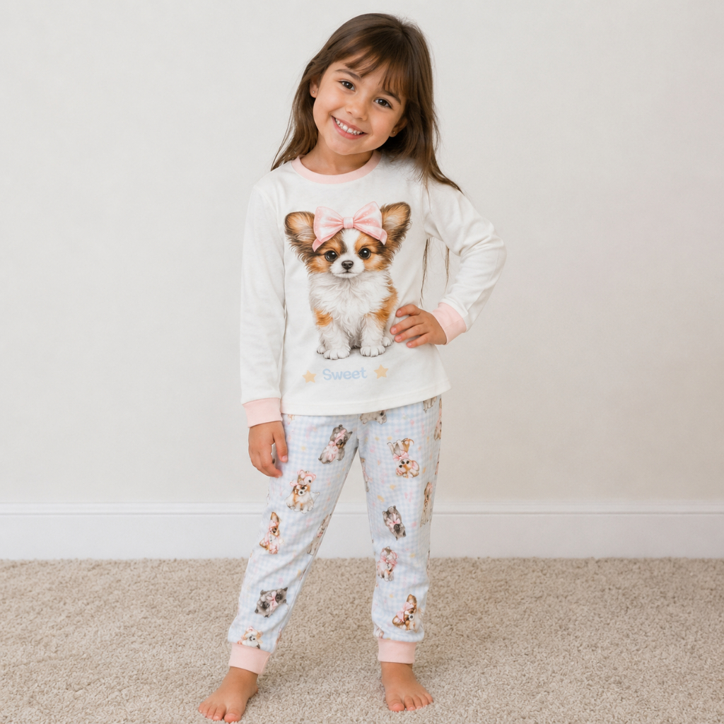 Pijama Infantil Feminino Cachorrinho Suede Premium Macio Inverno Menina