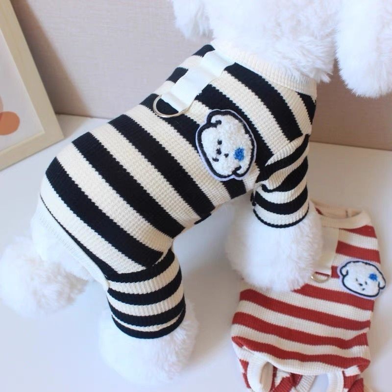 Roupas Listradas Para Cães Teddy Pomeranian Bichon Schnauzer Cat Pet Romper Leash Outfit