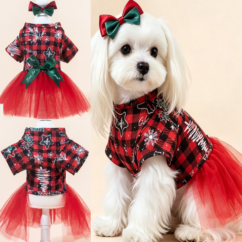 Vestido De Cachorro Camisa De Natal Xadrez Tutu Princesa Roupas Feminino Vermelho Cachorrinho Para Shih Tzu Teddy Chihua