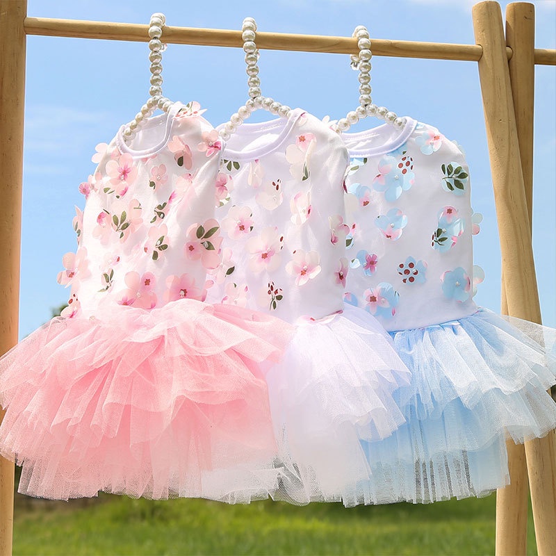 Vestido De Cachorro Para Shih Tzu Flor De Pêssego Decoração Gato Malha Tutu Saia Teddy Bichon Traje De Verão Festa De