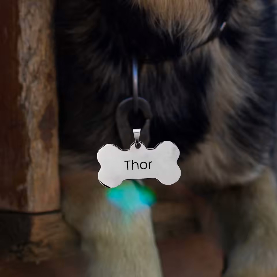Pingente pet osso aço inox personalizado com nome e telefone gravados a laser frente e verso – tamanhos 2x3cm e 2x4cm