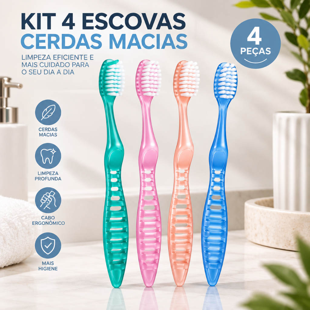 Kit 4 Escova de Dente com Cerdas Macias Design Ergonômico Cabo Curvado Limpeza Profunda