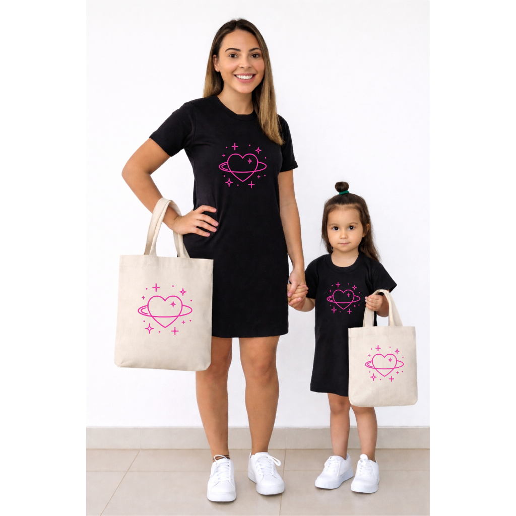 Kit vestido mãe e filha com bolsas ecobag combinando