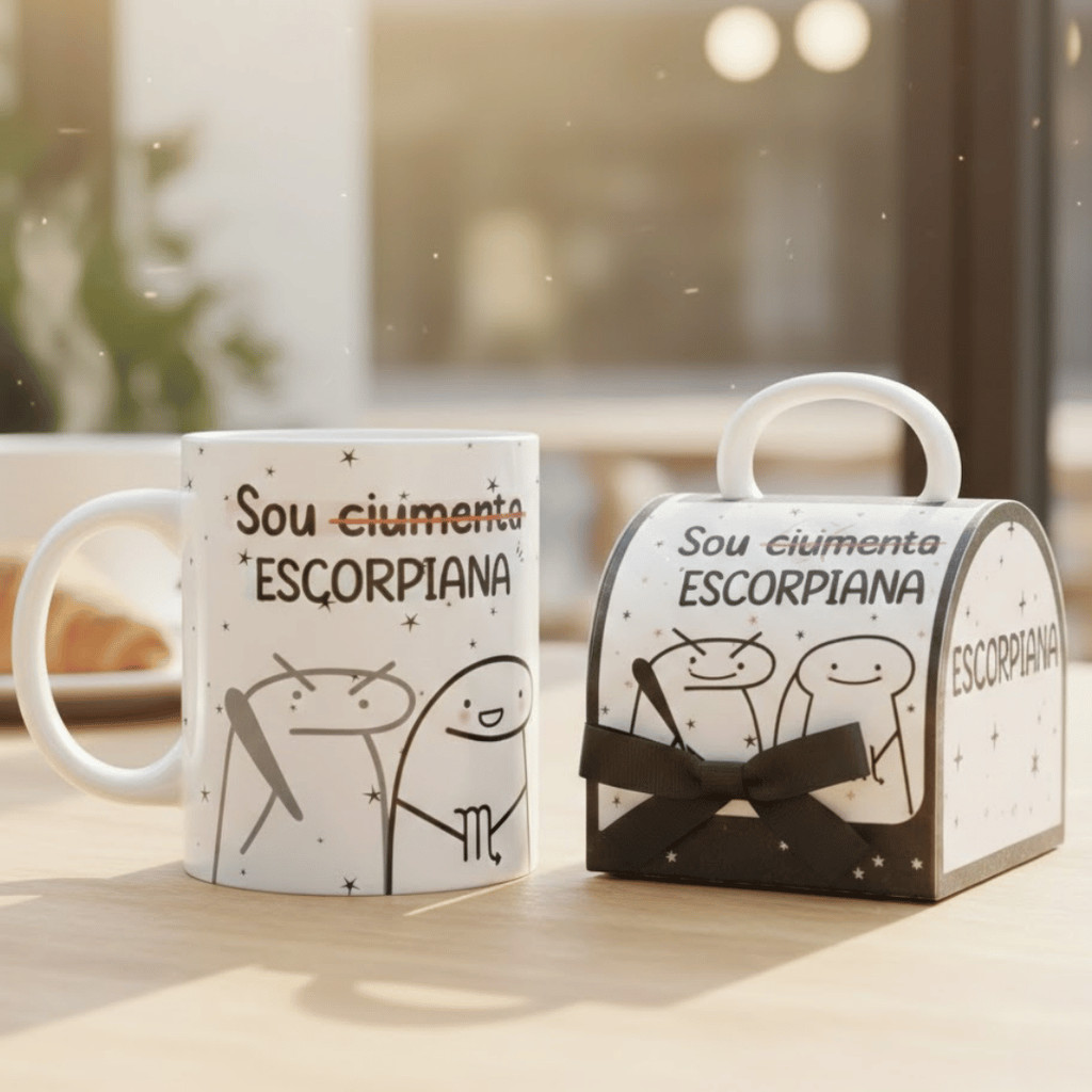 Kit Presente com Caneca + Sacola Signos Signo Flork Virgem Libra Aquário Peixes Escorpião Touro