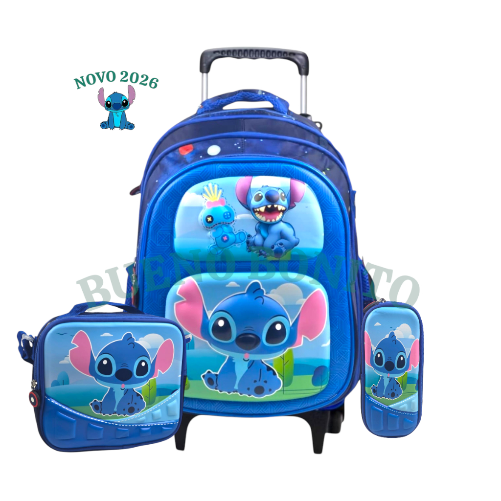 Kit Mochila com rodinhas Meninos e Meninas Stitch Infantil/ Set Escolar Completo +🎁