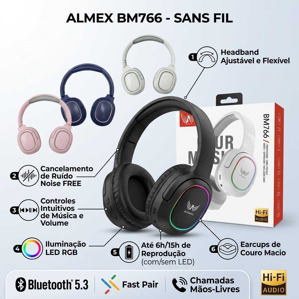 Fone de Ouvido Headphone Bluetooth LED RGB Noise FREE Altomex