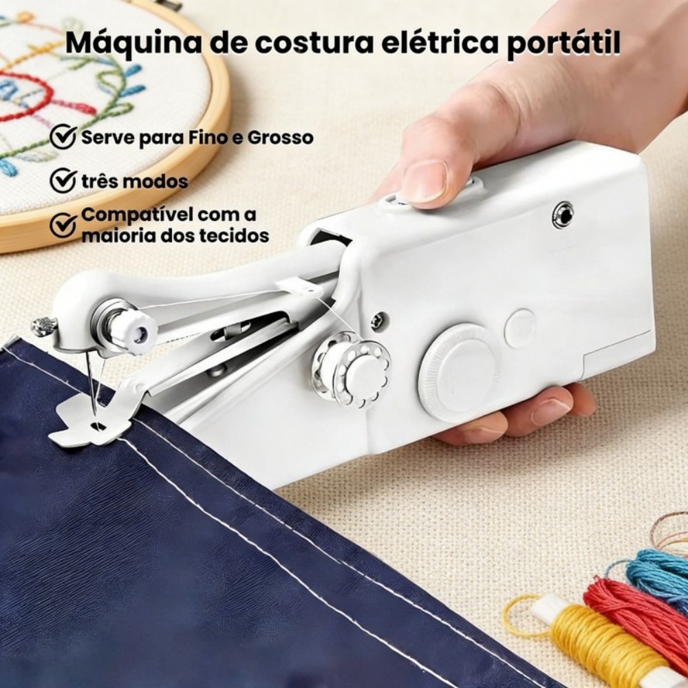 Máquina de Costura Handheld Mini Elétrica a Pilha para Roupas e Tecidos