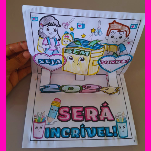 Cartão 3D para colorir Volta Às Aulas