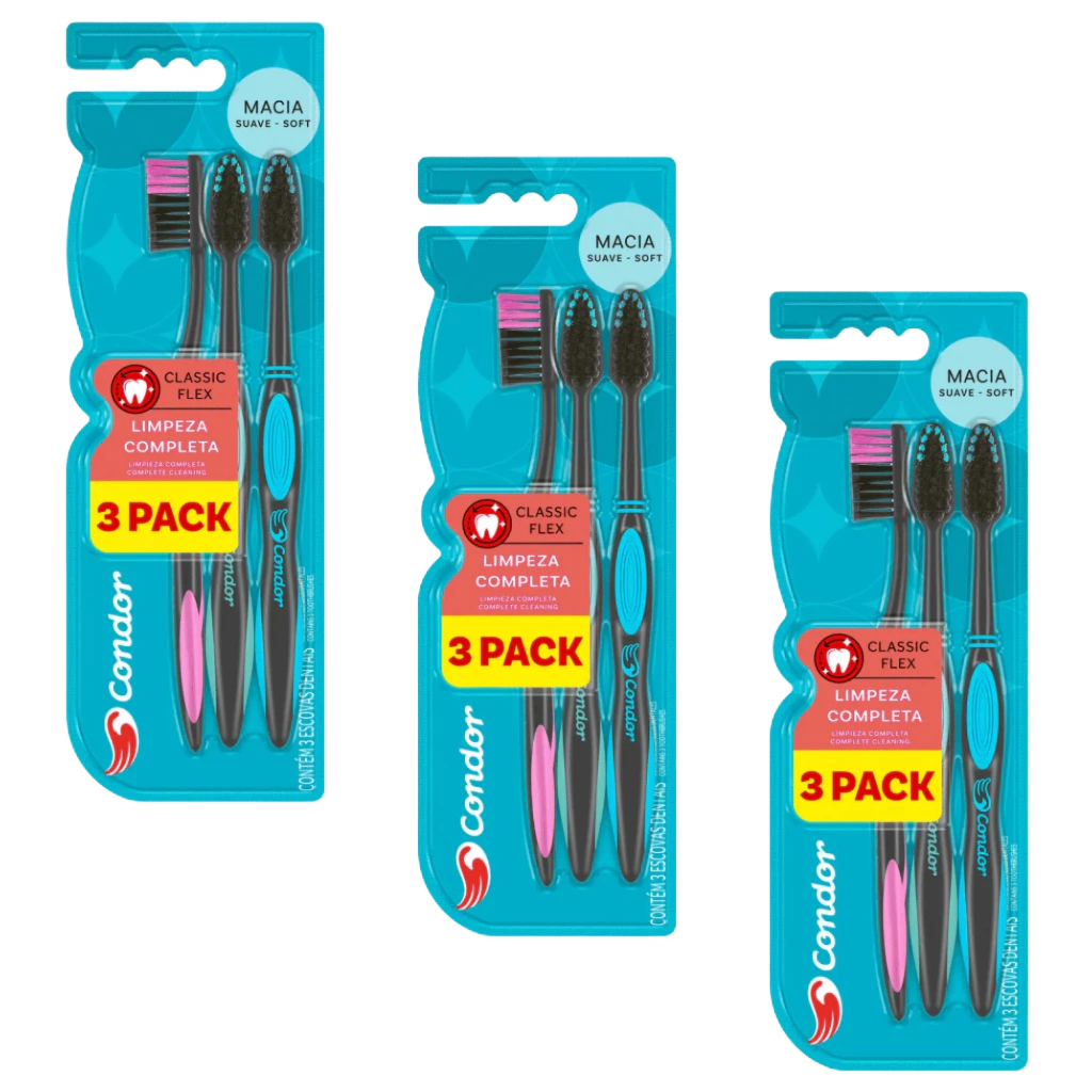 Kit 3 Unidades Escova Condor Classic Flex Macia Suave - Soft Toothbrush  Colorful Soft Adulto