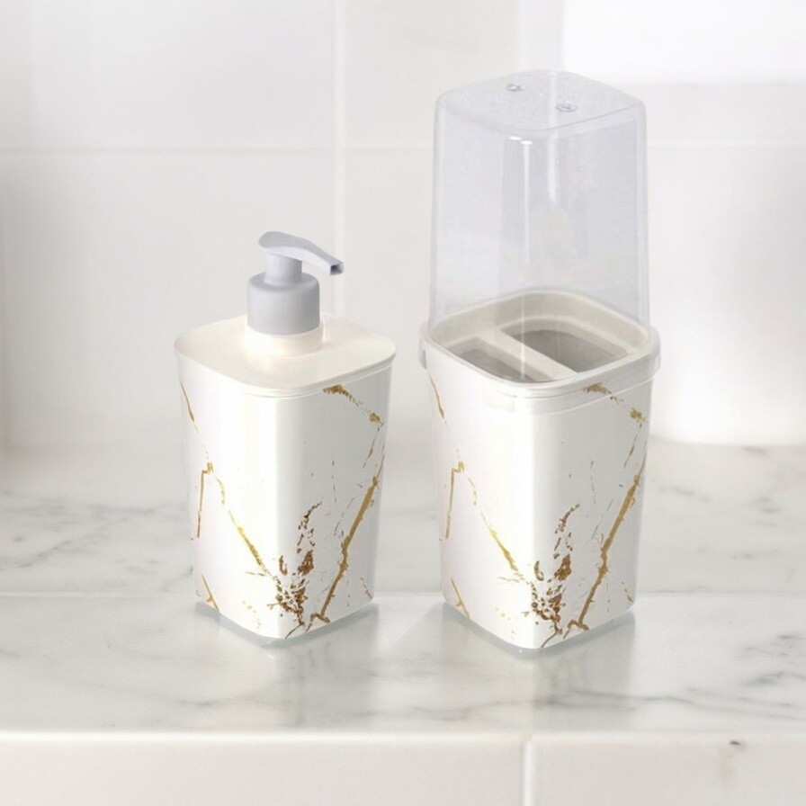 Kit Banheiro Lavabo Pia Porta Sabonete Líquido Porta Escova Dente Porta Algodão Organização Elegante