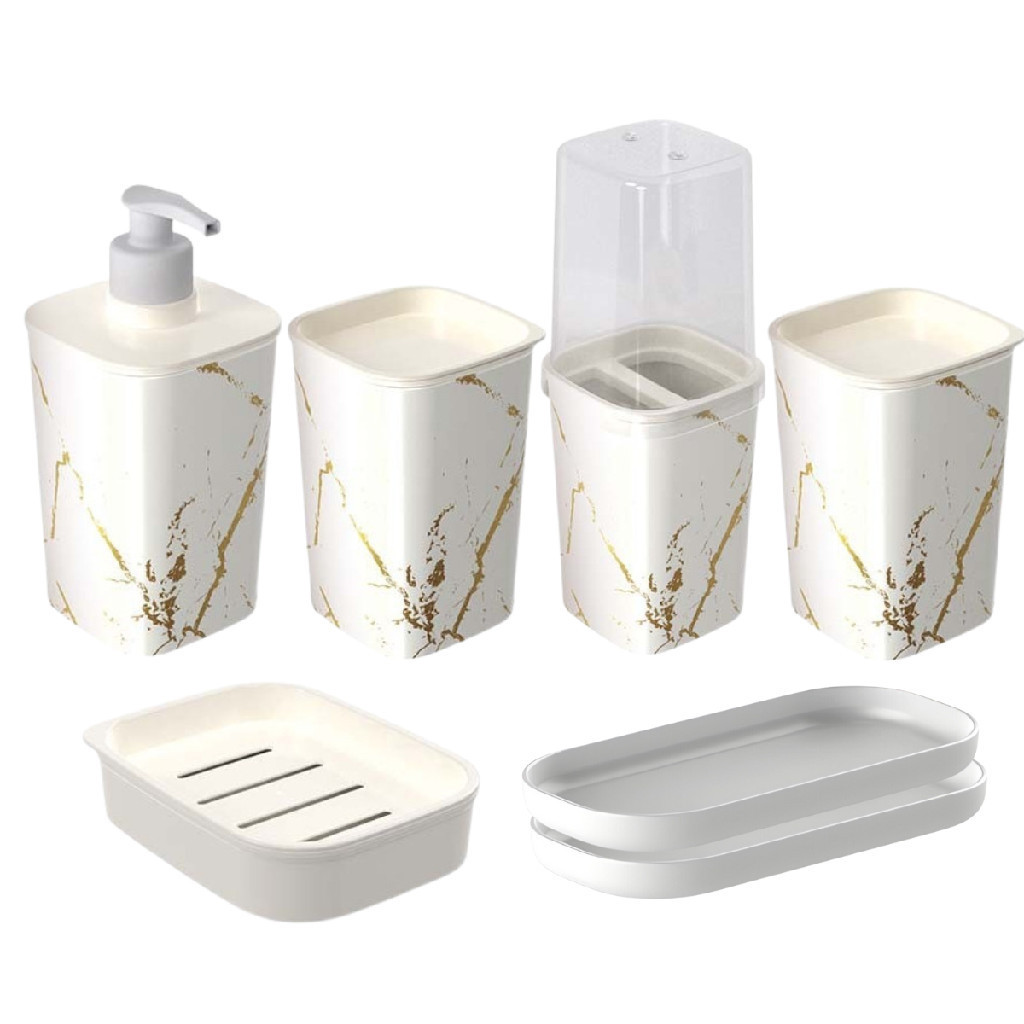 Kit Banheiro 7 Peças Conjunto Organização Porta Escova Algodão Sabonete Bandeja