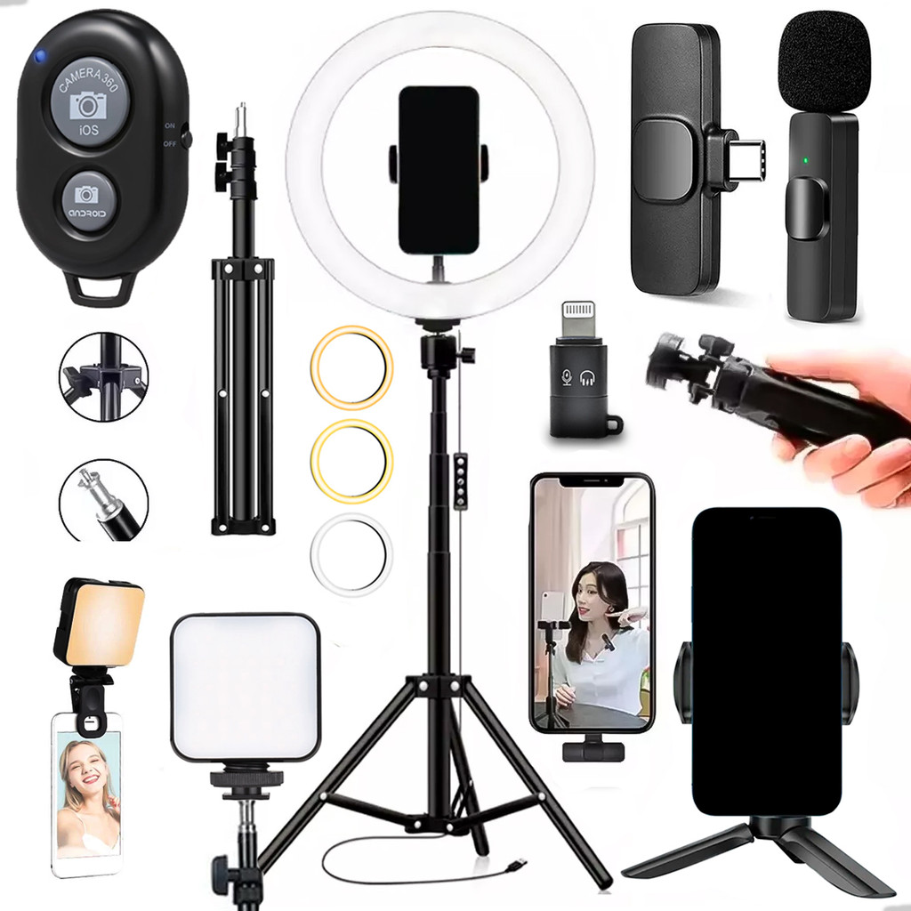 Kit High Light 26cm + Tripé 2.10m + Microfone Lapela Bluetooth + Controle Selfie