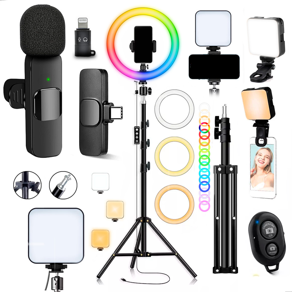 Kit High Light Microfone Bluetooth Luz Preenchimento Iluminador LED Tripé
