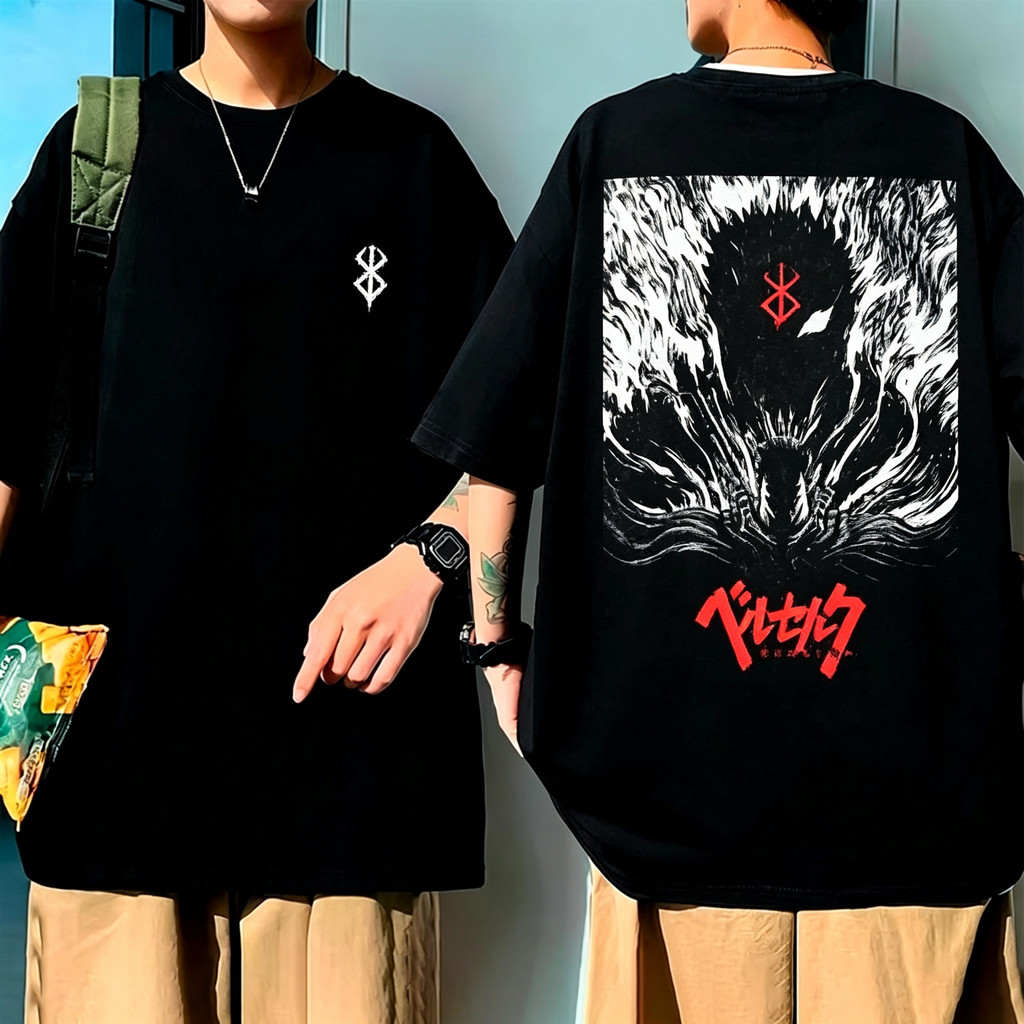 Camiseta Unisex de Alta Qualidade, Design com Estampa do Anime Berserk, Gráfico Sombrio Estilizado nas Costas e Logo Min