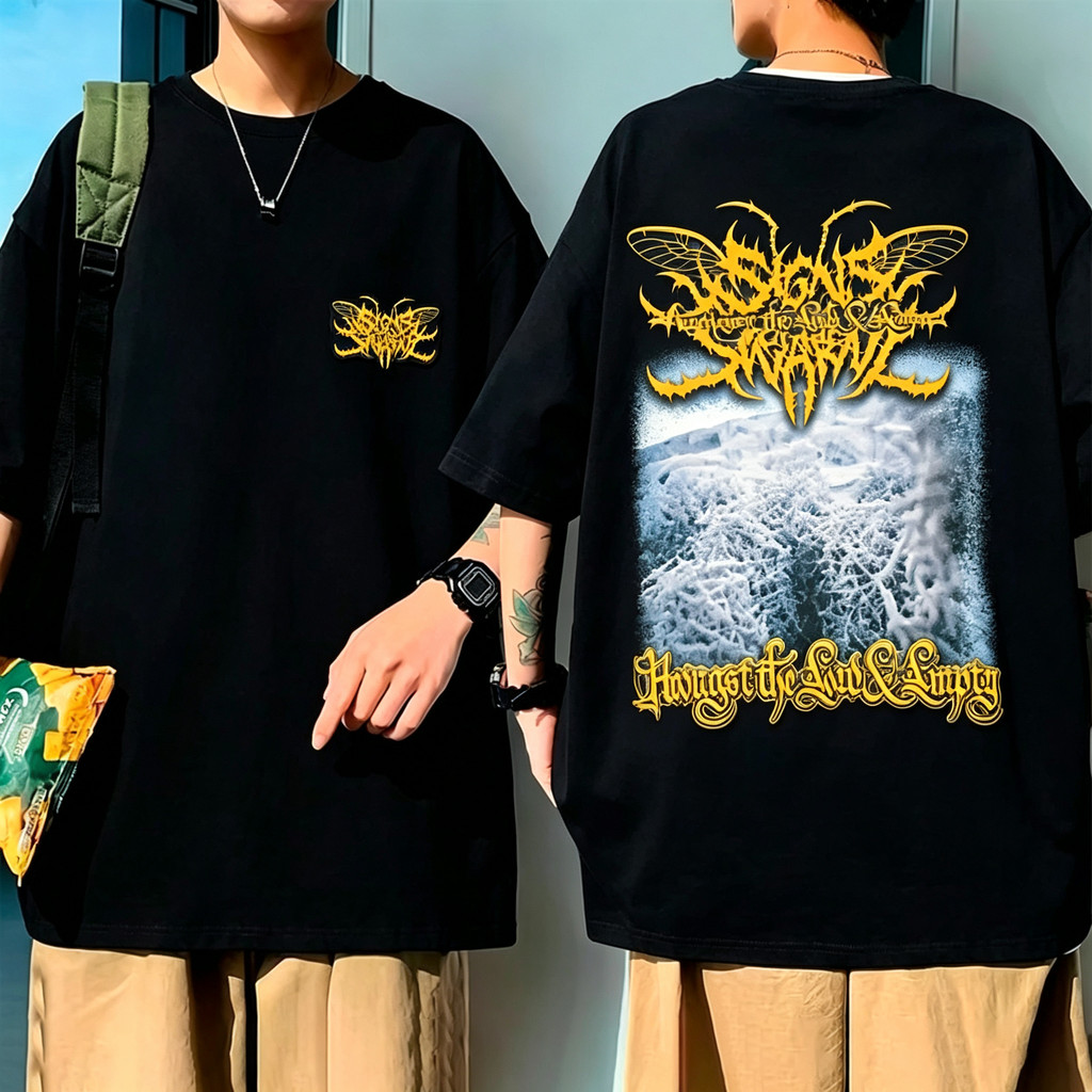 Camiseta Unisex de Alta Qualidade, Design com logo de estilo death metal dourado no peito, estampa artística de paisagem