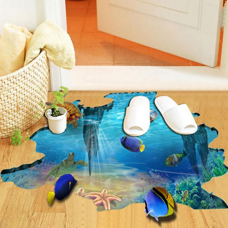 Adesivos De Parede 3D Sea Underwater World Fish Turtle Decalque De Piso De Quarto