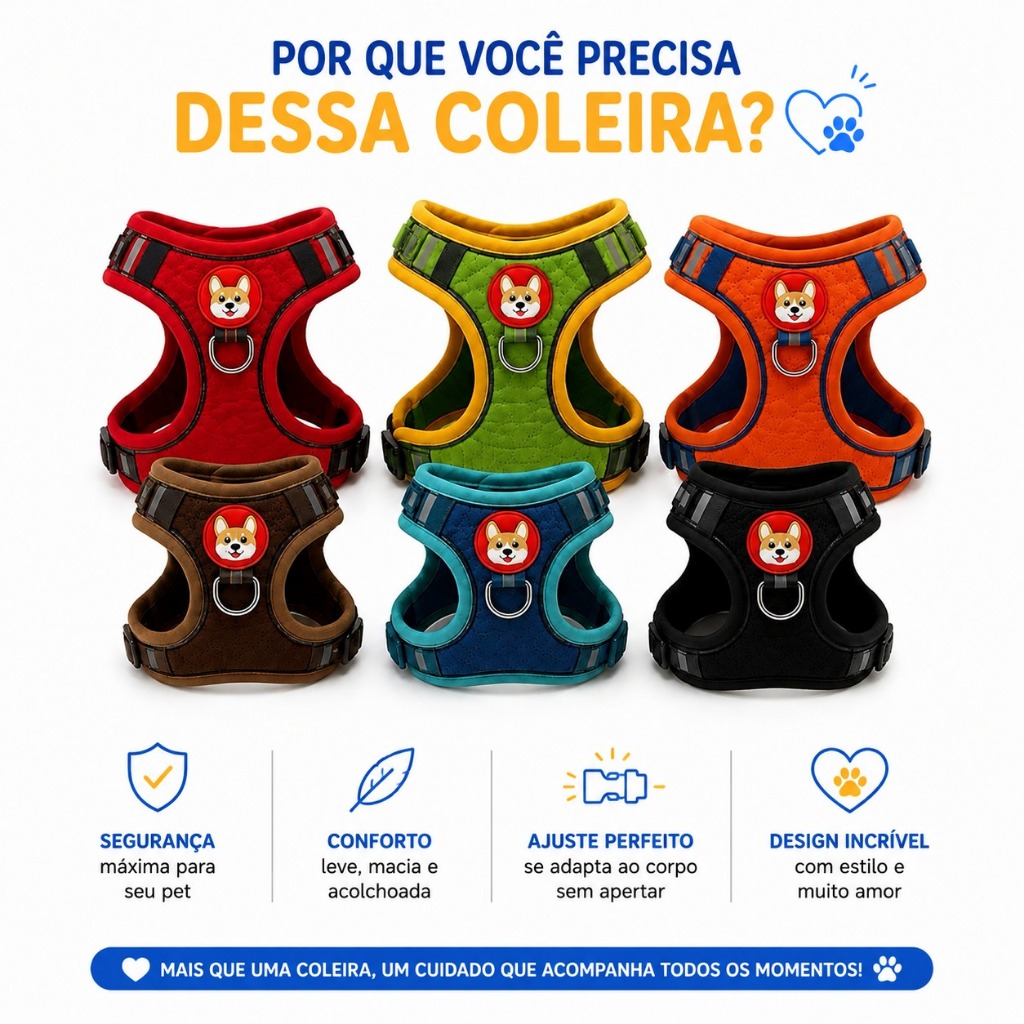 Avelã Pet Coleira Peitoral Comfort Premium para Cachorro Ajustável Macia Segura com Fecho Resistente e Tiras Reguláveis