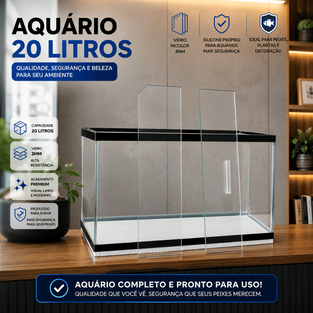 Aquário 20 Litros Vidro 3mm Com Tampa Para Peixes 40x20x25