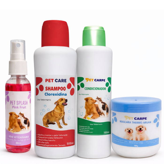 Kit Banho pele senível Pet Clorexidina 4 Itens Pet Carpe Cães e Gatos Todas as Raças banho e tosa