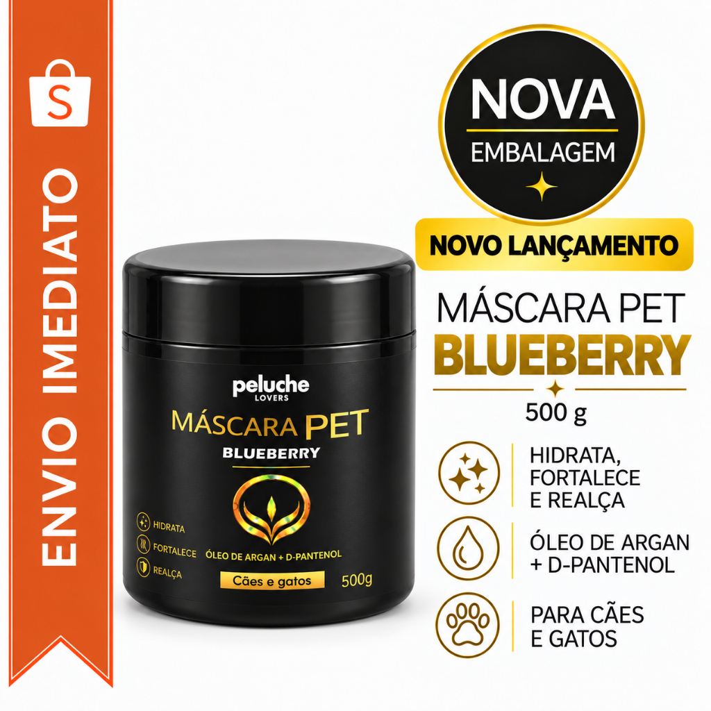 Máscara Hidratante Pet Peluche Blueberry 500g Cachorro e Gato Óleo de Argan + D-Pantenol