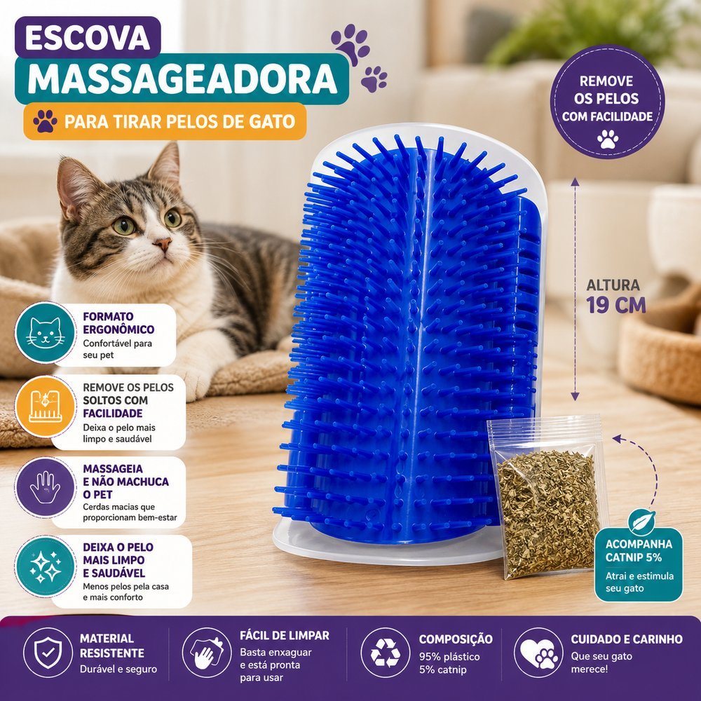 Escova de Parede para Gatos - Autoescovação, Massagem e Coçador com Catnip