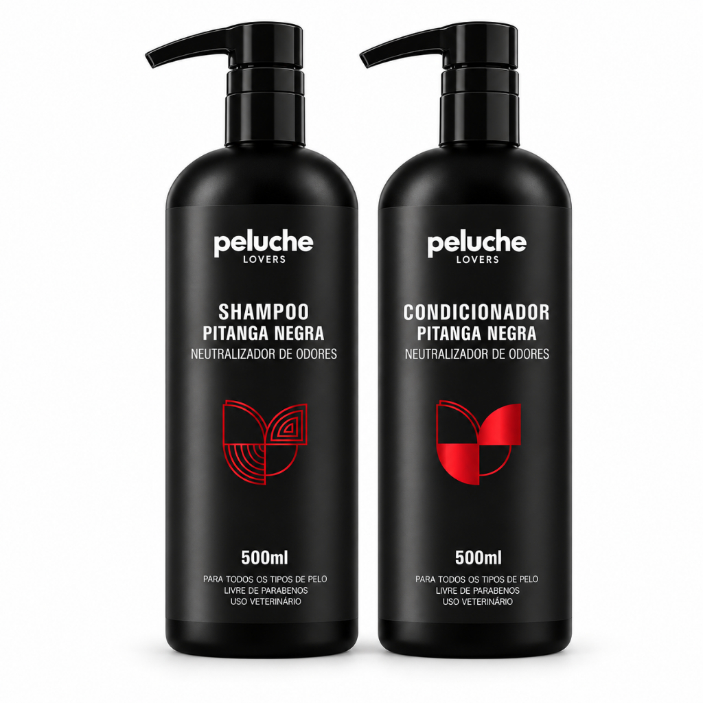 Kit Shampoo + Condicionador Pet Pitanga Negra Peluche 500ml Cada para Cães e Gatos