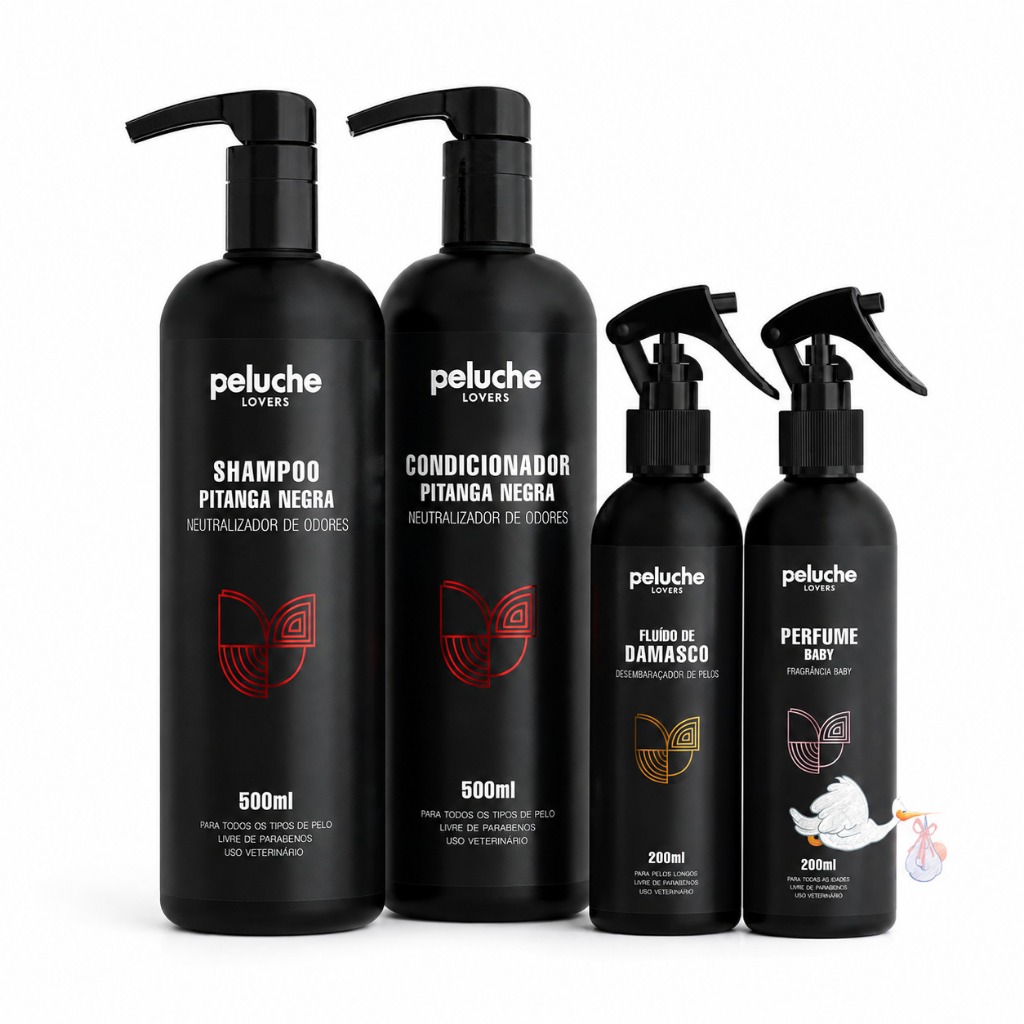 Kit Banho Cachorro Peluche 4 Itens Shampoo Eliminador de Odores Condicionador Desembaraçador Perfume Baby