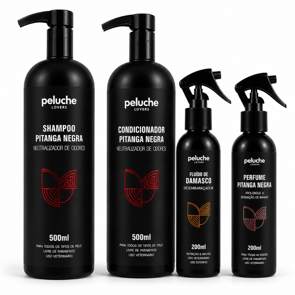 Kit Banho Cachorro Peluche Pitanga Negra 4 Itens Shampoo Condicionador Desembaraçador Damasco Perfume
