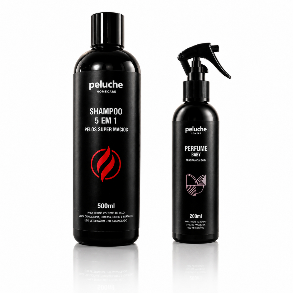 Shampoo 5 em 1 para Cachorro Perfume Baby Colônia Pet Peluche Kit Banho Completo para Cães Banho e Tosa