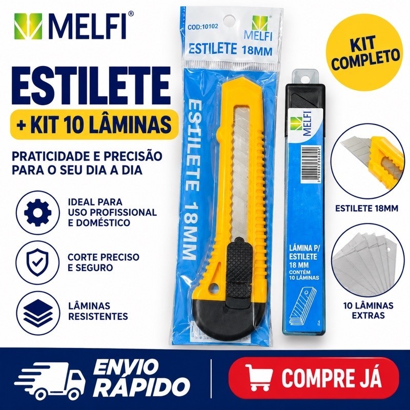 Kit Estilete Melfi 18mm + Pacote 10 Lâminas para Reposição Corte Profissional
