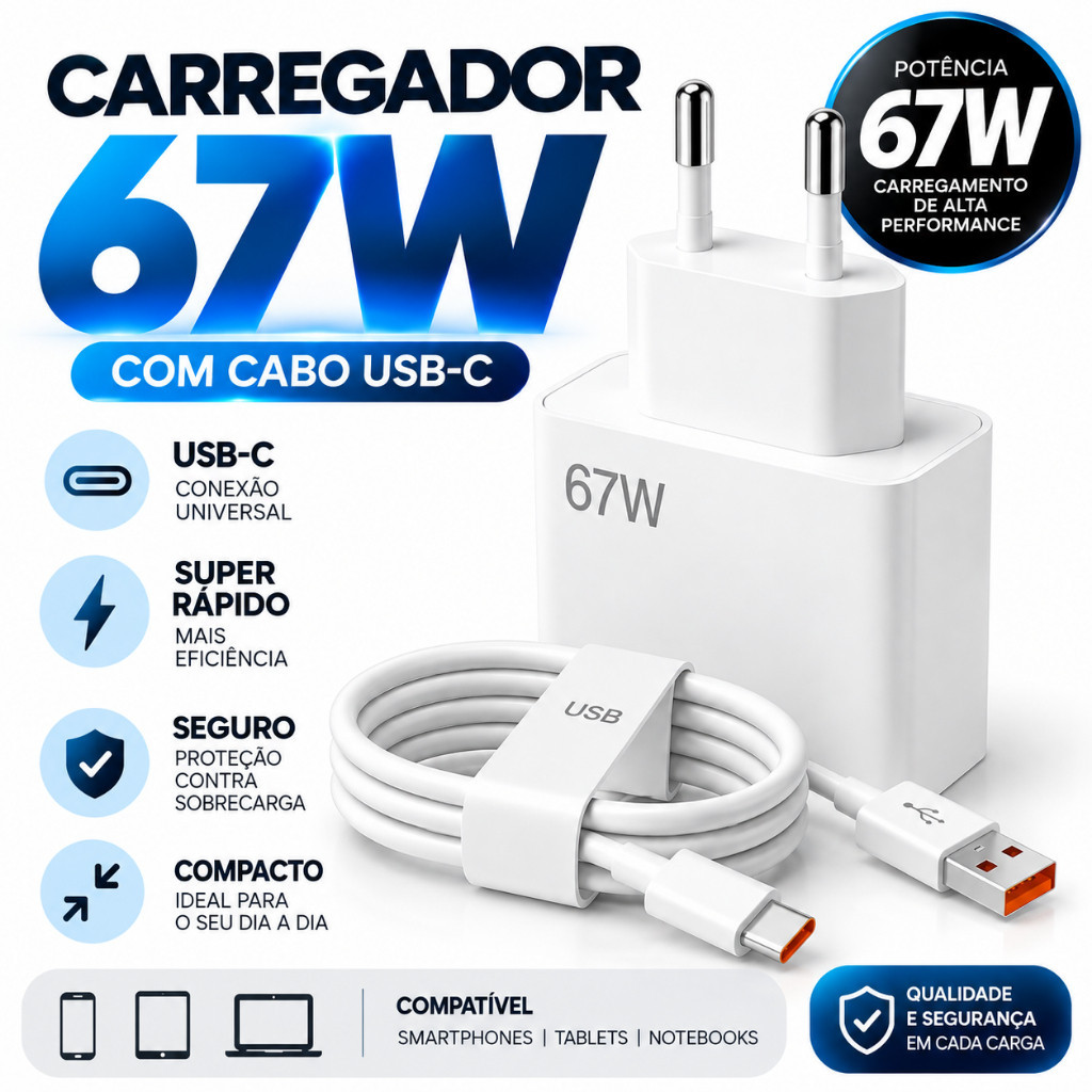 Carregador USB-C Super Rápida 67W Tipo C Fonte  Bivolt para Android Xiaomi e Iphone