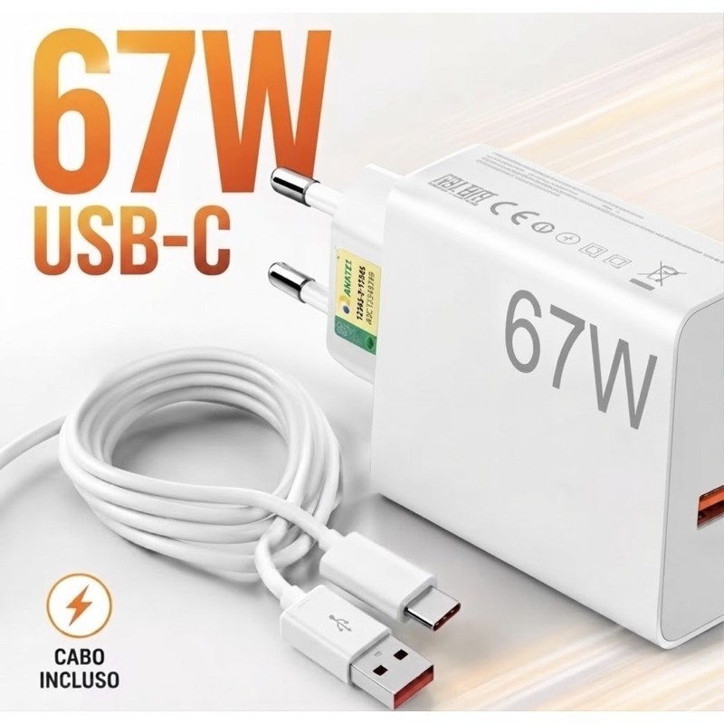 Carregador 67W USB-C com Fonte e Cabo Incluso Carregamento Rápido p/ Android Xiaomi e Iphone