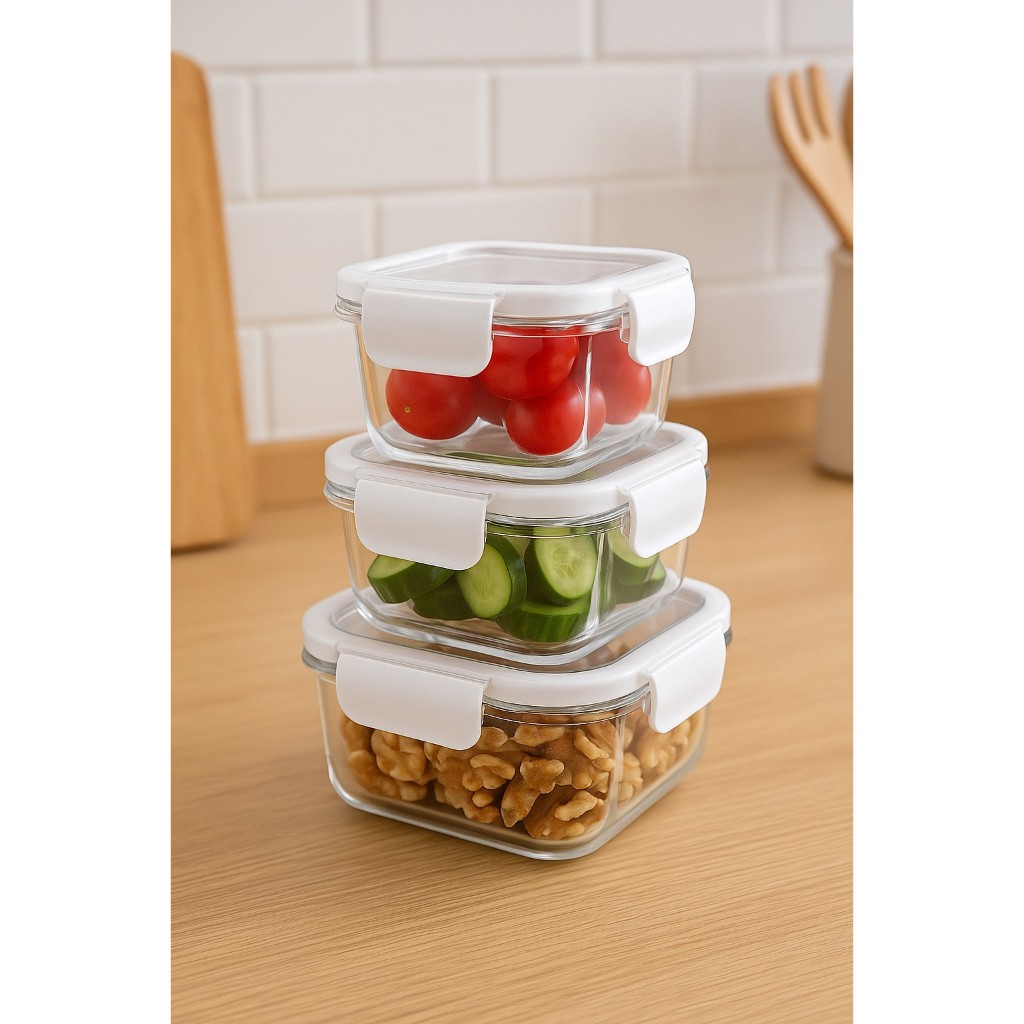 Conjunto Hermético Quadrado 3 Peças Armazenamento Alimentos Vedação Segura Durável Cozinha Prática
