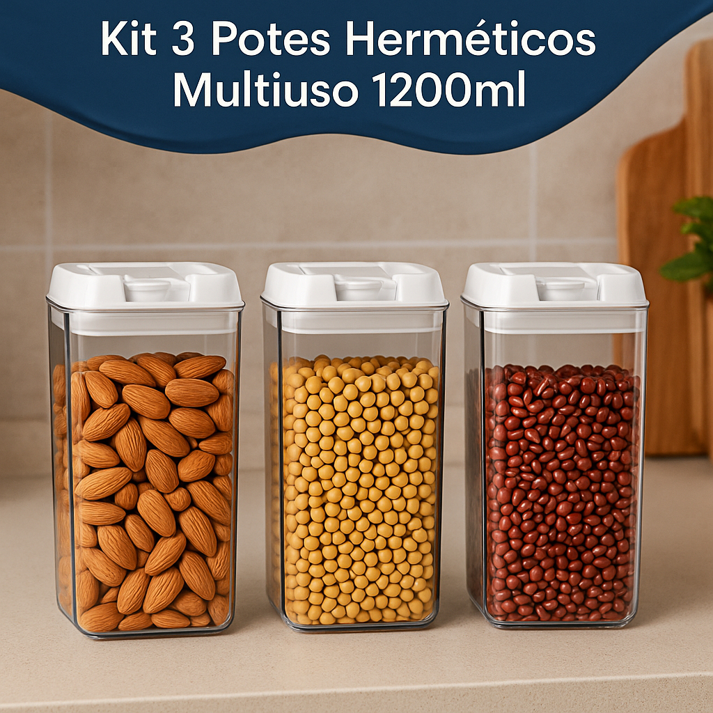 Kit 3 Potes Herméticos Multiuso 1200ml Vedação Segura Organização Cozinha