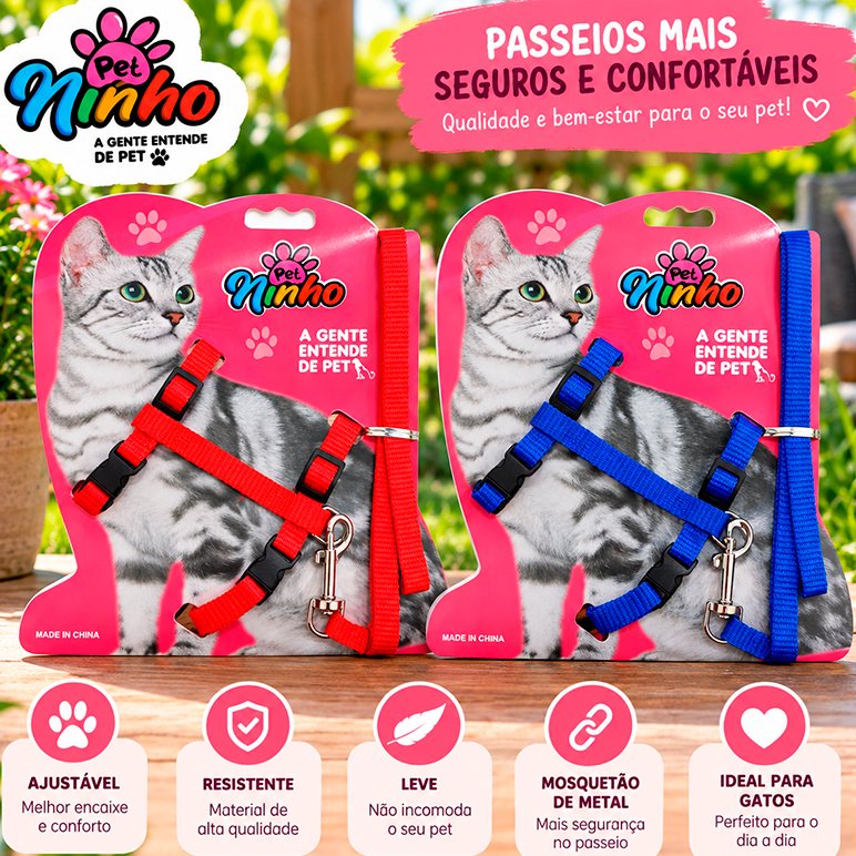 Kit Guia e Coleira de Nylon Ajustável para Gatos Colors