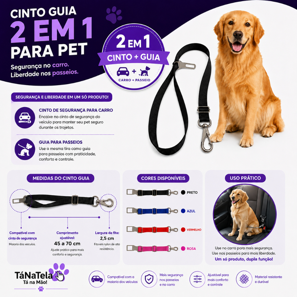 Guia Cinto de Segurança Pet 2 em 1 Ajustável Para Carro Passeio Nylon Reforçado Cães Gatos até 35kg