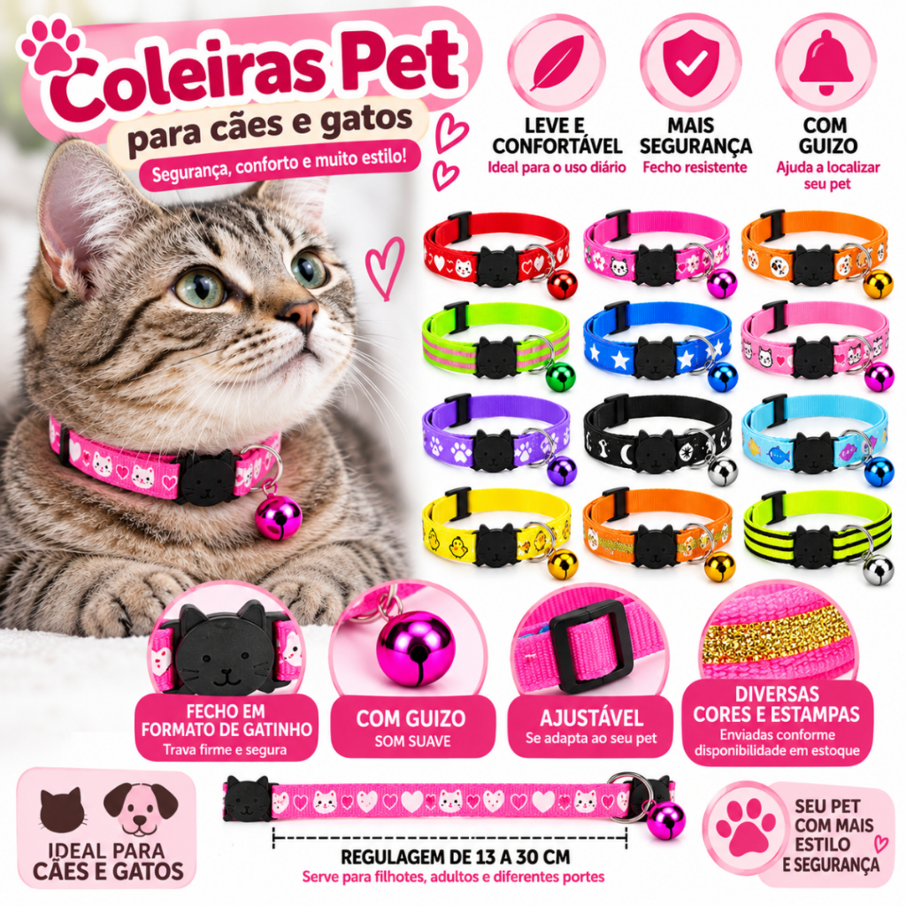 Kit 10 Coleira Pet Gato Cachorro Com Guizo Regulável Anti Enforcamento Seda Revenda