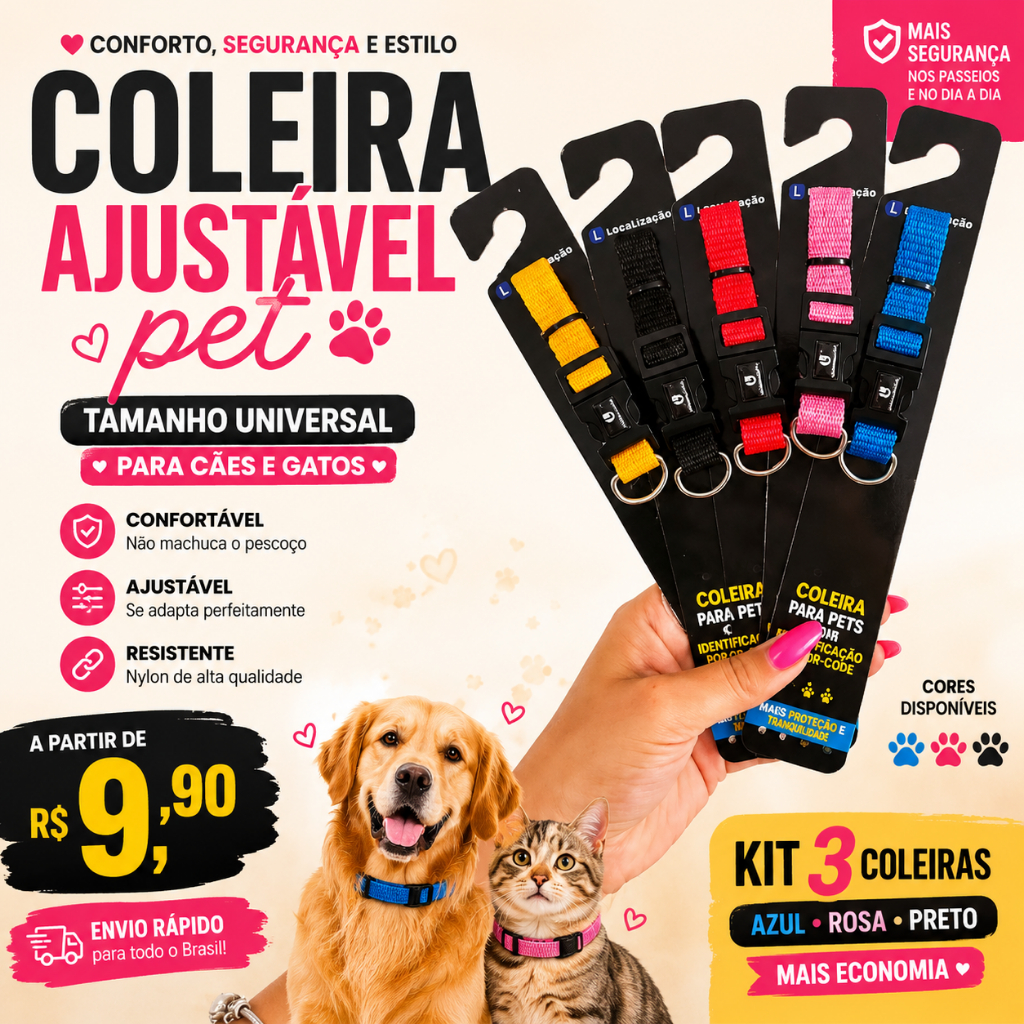 KIT 3 Coleiras Para Cachorro e Gato Ajustável Super Resistente Nylon Premium Tamanho Regulagem Universal  cores variadas