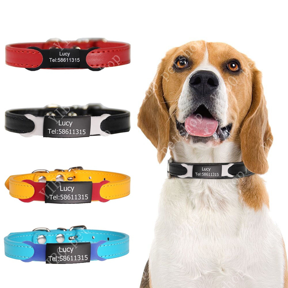 Personalizado ID Tag Cat Dog Collar Para Pequenas Médias Grandes Cães Gravado Nameplate PU Leather Pet Filhote De Cachor