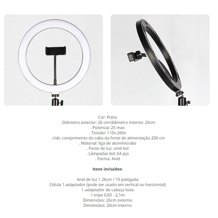 Iluminador Ring Light 10 Polegadas SEM TRIPE 25W 26cm com Tripé 120 Leds