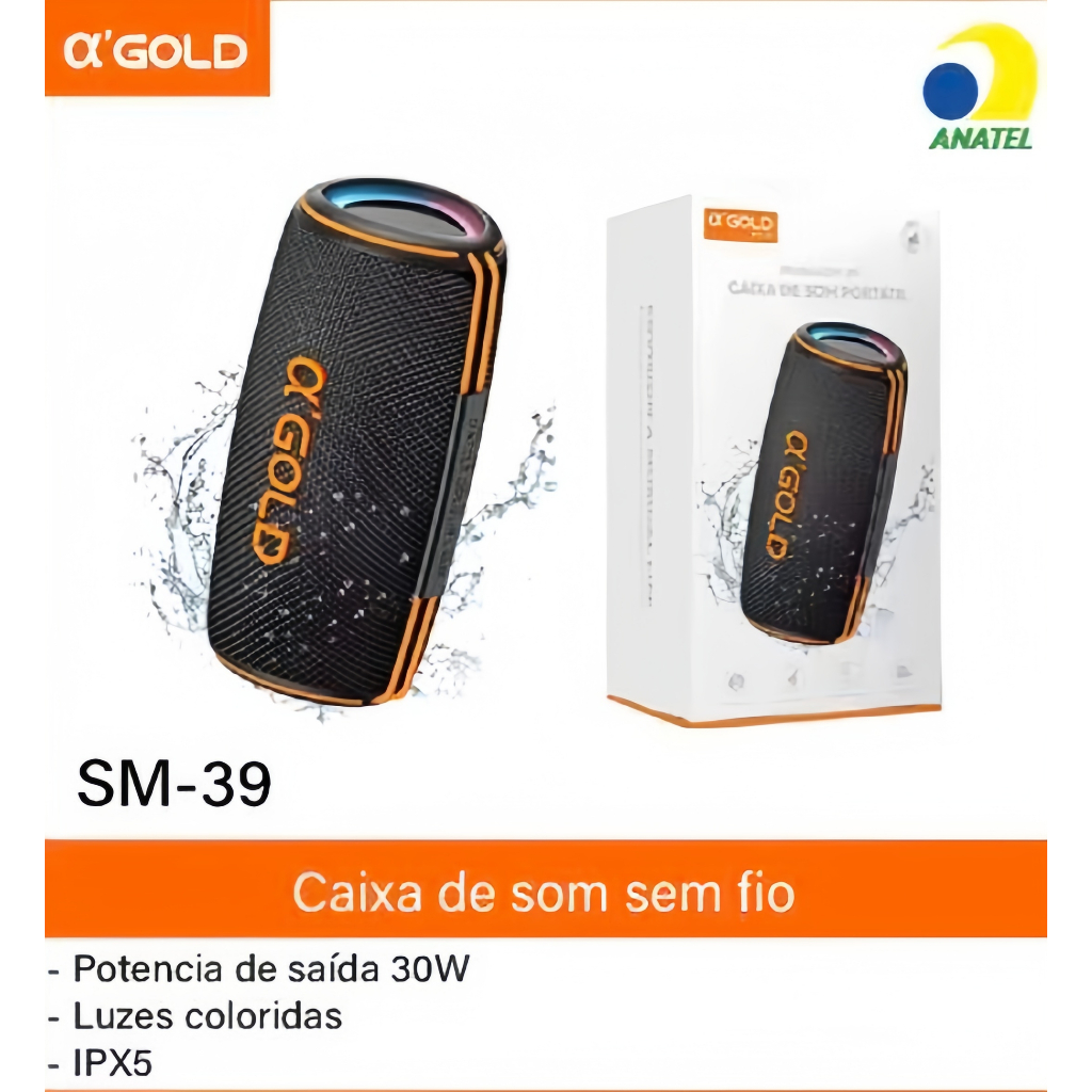 Caixa de Som Bluetooth Portátil α'GOLD PLUS SM-39 30W IPX5 com Luz LED RGB