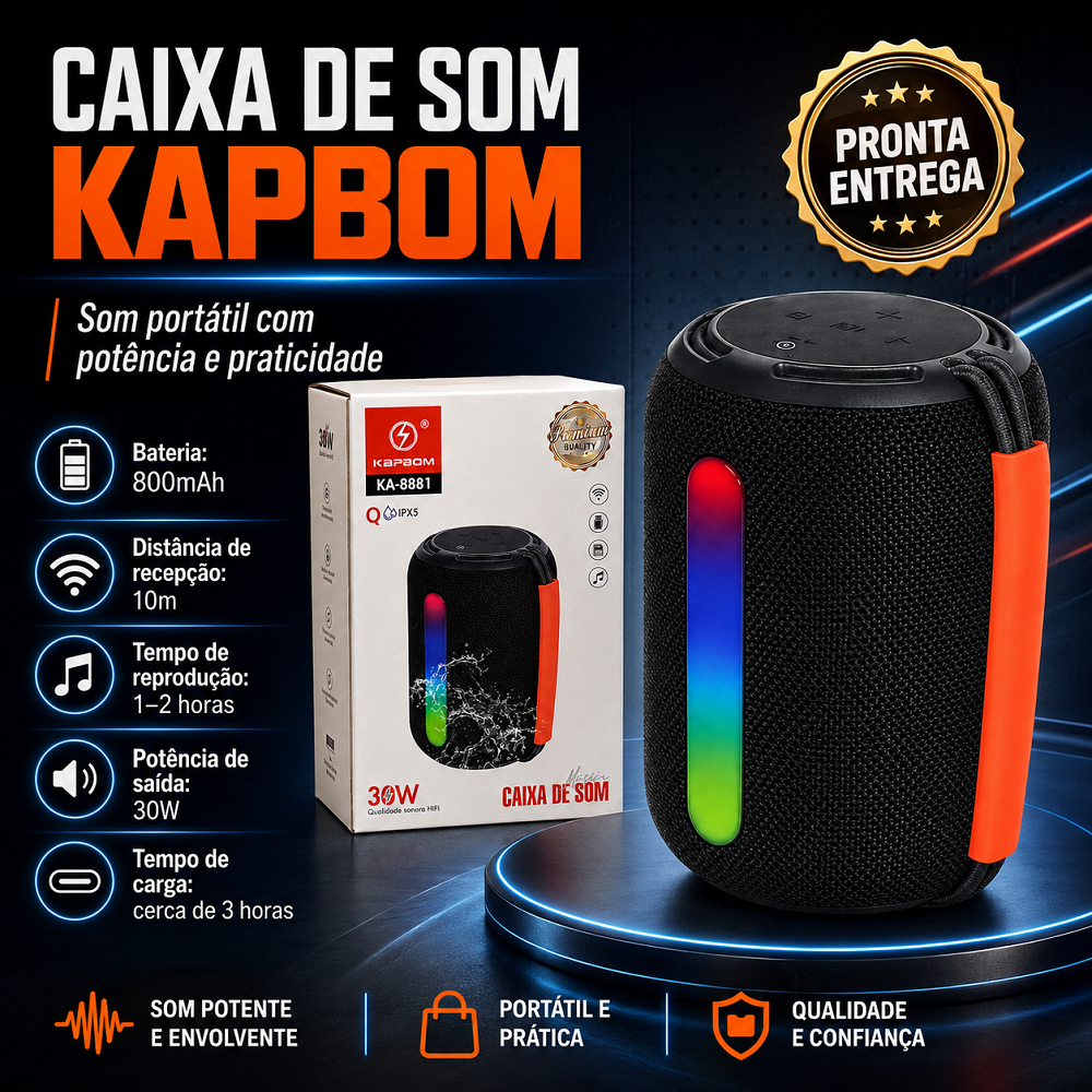 Caixa de Som Bluetooth Kapbom 30W KA-8881 Portátil LED RGB Resistente a Respingos
