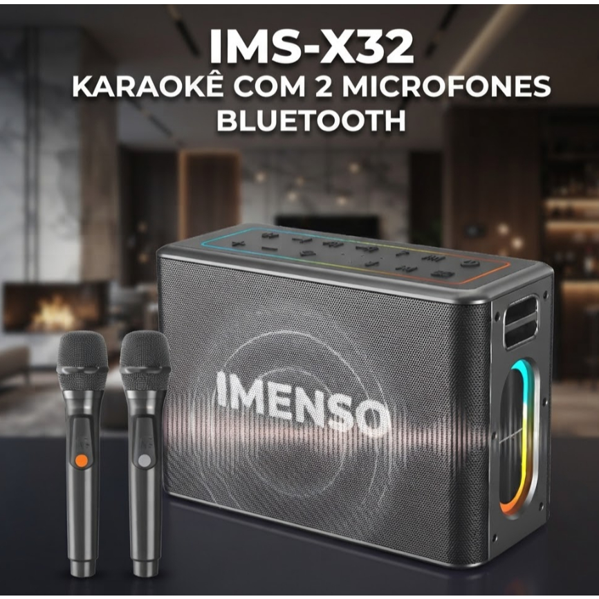 Caixa de Som IMS-X32 Bluetooth Karaokê 2 Microfones Sem Fio Original